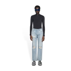 Men's Balenciaga Destroyed Normal Pants Blue | 1023RUEXS