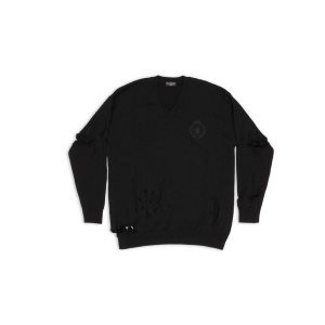 Men's Balenciaga Destroyed Oversized V-neck Knitwear Black | 9160HXJML