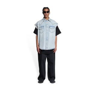 Men's Balenciaga Raw Cut Shirts Blue | 4072KWUQG