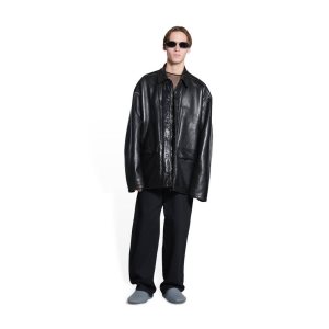 Men's Balenciaga Shearling Lining Jackets Black | 2704FMLEY