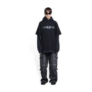 Men's Balenciaga Slime Double Long Sleeve Hooded T Shirts Black | 5179NATWY