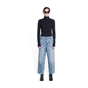 Women's Balenciaga Allover Logo Cropped Pants Indigo | 3520ROVTU