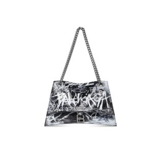 Women's Balenciaga Crush Medium Chain Graffiti Shoulder Bags Black | 4723SMNRD