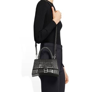 Women's Balenciaga Hourglass Small Crocodile Embossed Handbag Dark Grey | 3210FXGEW