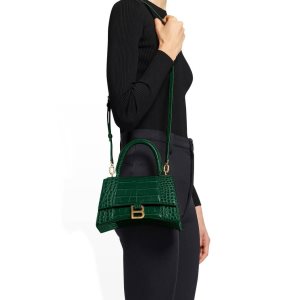 Women's Balenciaga Hourglass Small Crocodile Embossed Handbag Green | 7084GXQWI