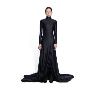 Women's Balenciaga Turtleneck Drape Gown Skirts Black | 8096XHFUY