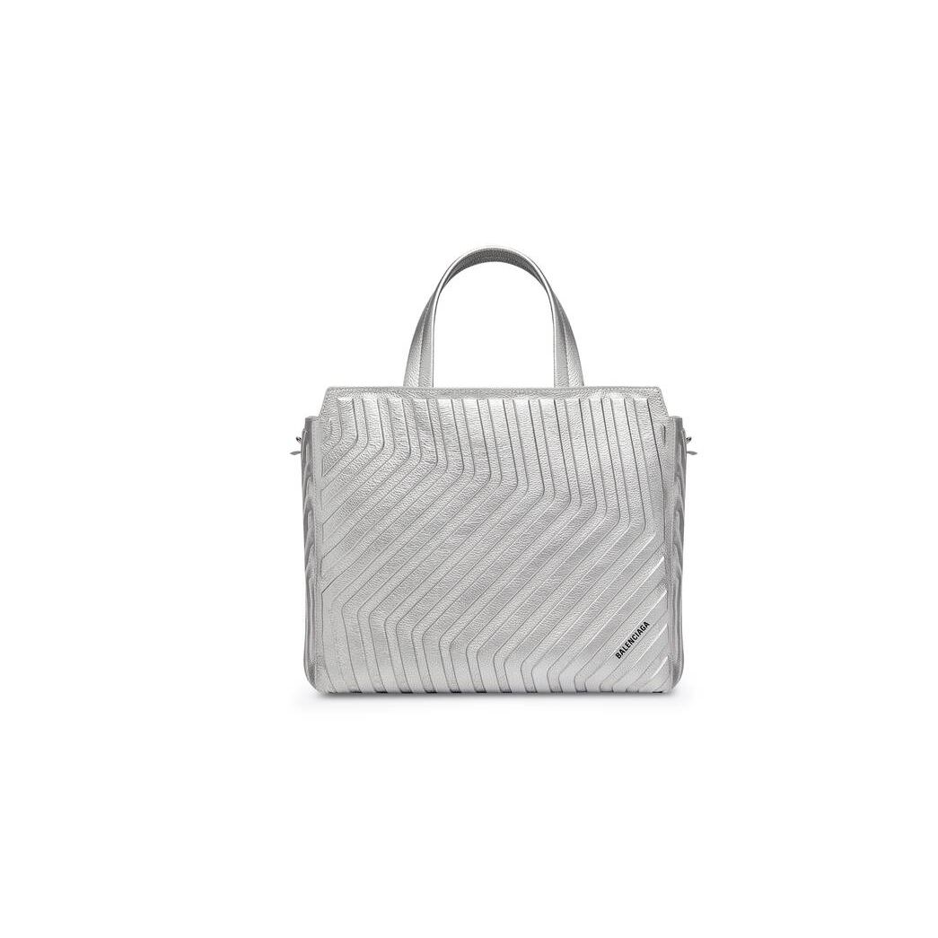 Men's Balenciaga Car Medium East-west With Strap Metallized Tote Bags Silver | 0547FGEAL