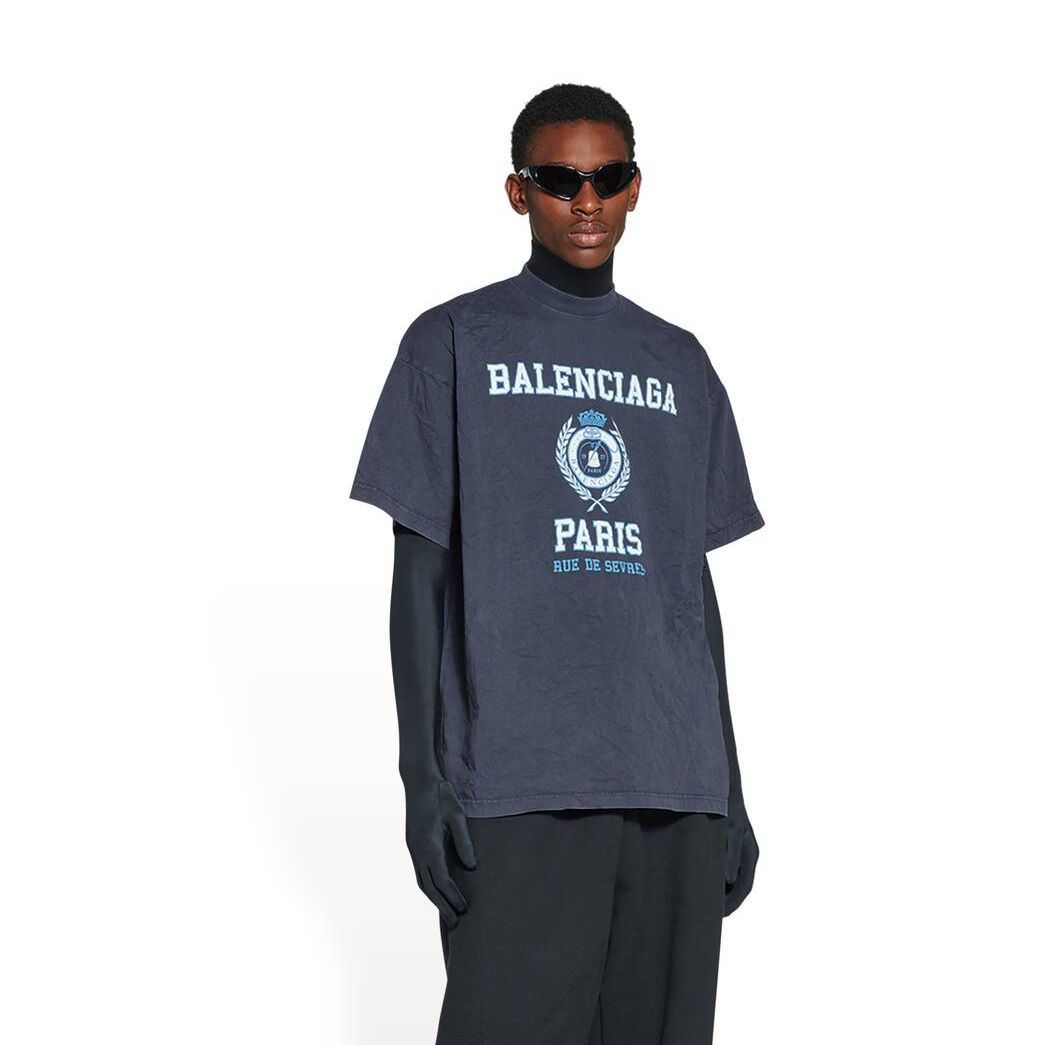 Men's Balenciaga College Crest T Shirts Blue | 4803ZAWJV