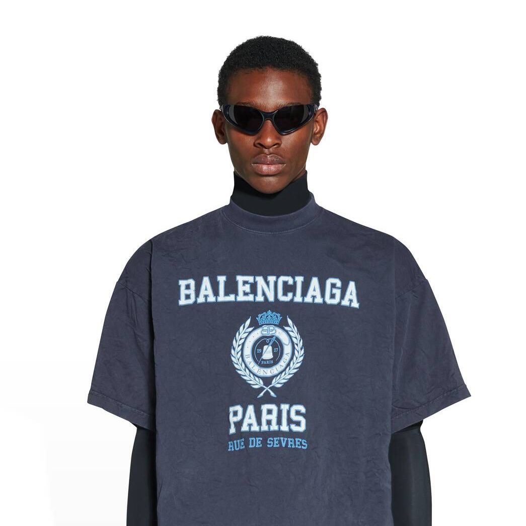 Men's Balenciaga College Crest T Shirts Blue | 4803ZAWJV