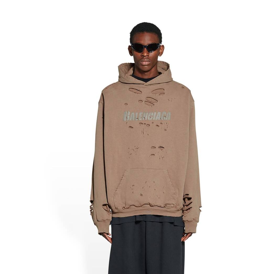 Men's Balenciaga Destroyed Hoodie Beige | 3826SJNKA