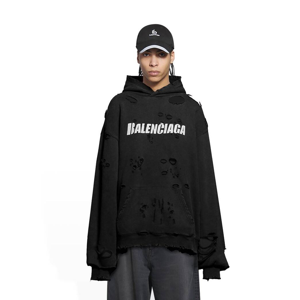 Men's Balenciaga Destroyed Hoodie Black | 6354AWIPL