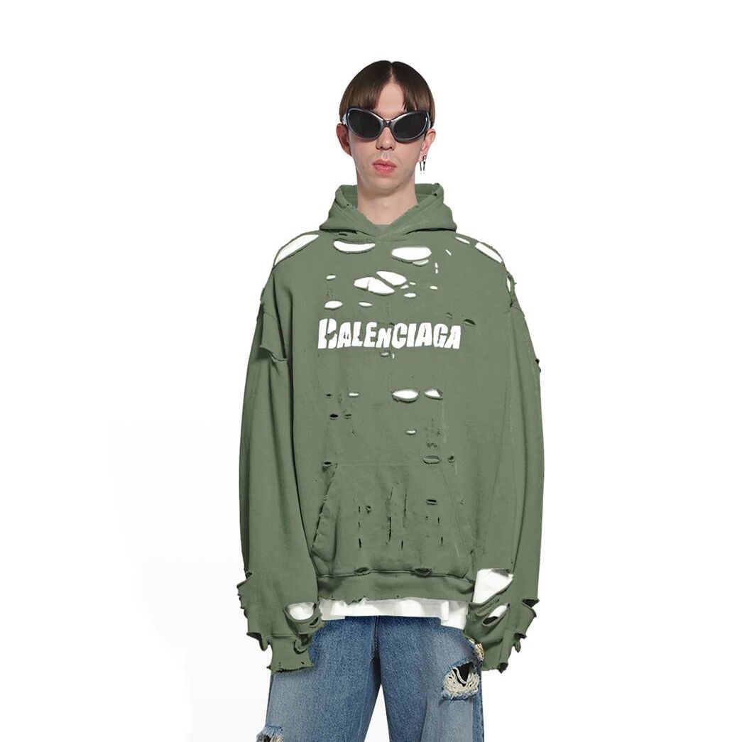 Men's Balenciaga Destroyed Hoodie Green | 8097IRLNA