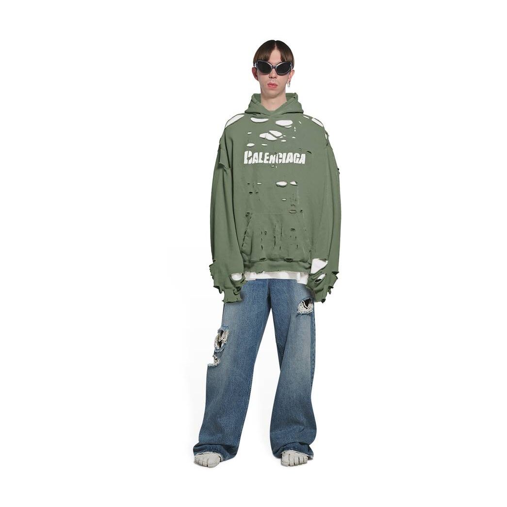 Men\'s Balenciaga Destroyed Hoodie Green | 8097IRLNA