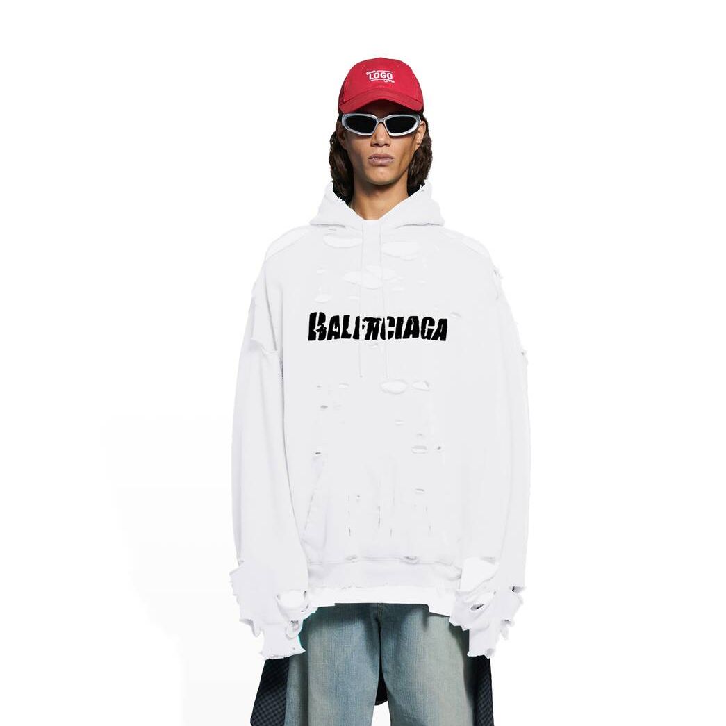 Men's Balenciaga Destroyed Hoodie White | 0296PAXUF