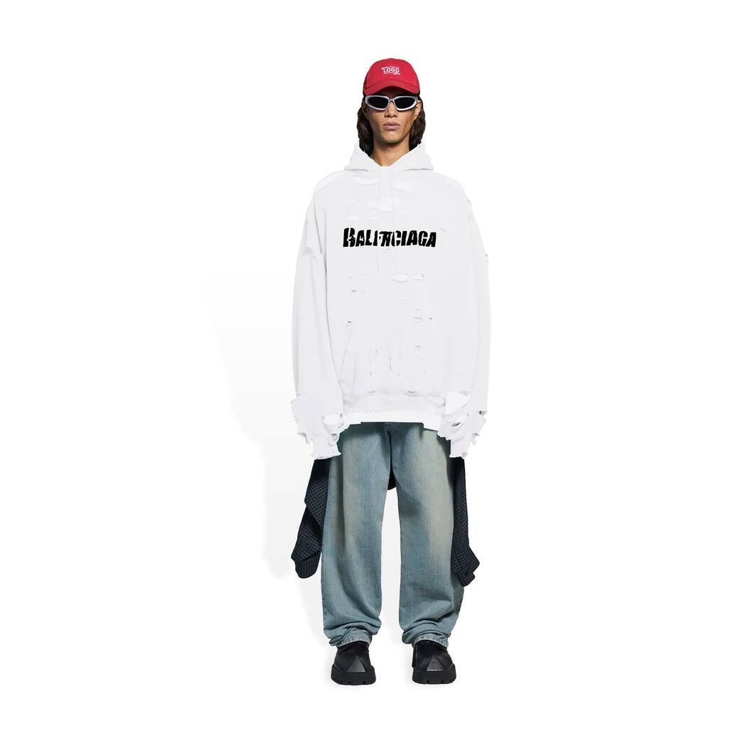 Men\'s Balenciaga Destroyed Hoodie White | 0296PAXUF