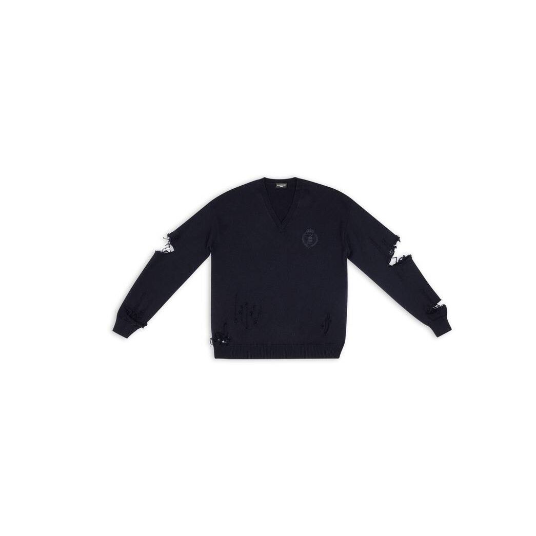 Men's Balenciaga Destroyed Oversized V-neck Knitwear Navy Blue | 2964VMYQU