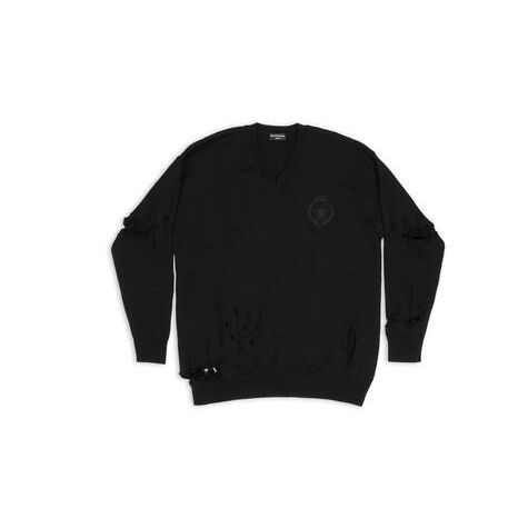 Men's Balenciaga Destroyed Oversized V-neck Knitwear Black | 9160HXJML