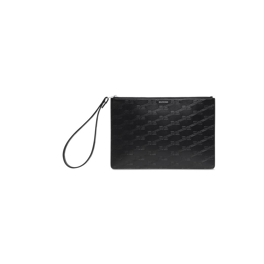 Men's Balenciaga Embossed Monogram Medium Pouch With Handle Box Pouches Black | 7461PWNEC