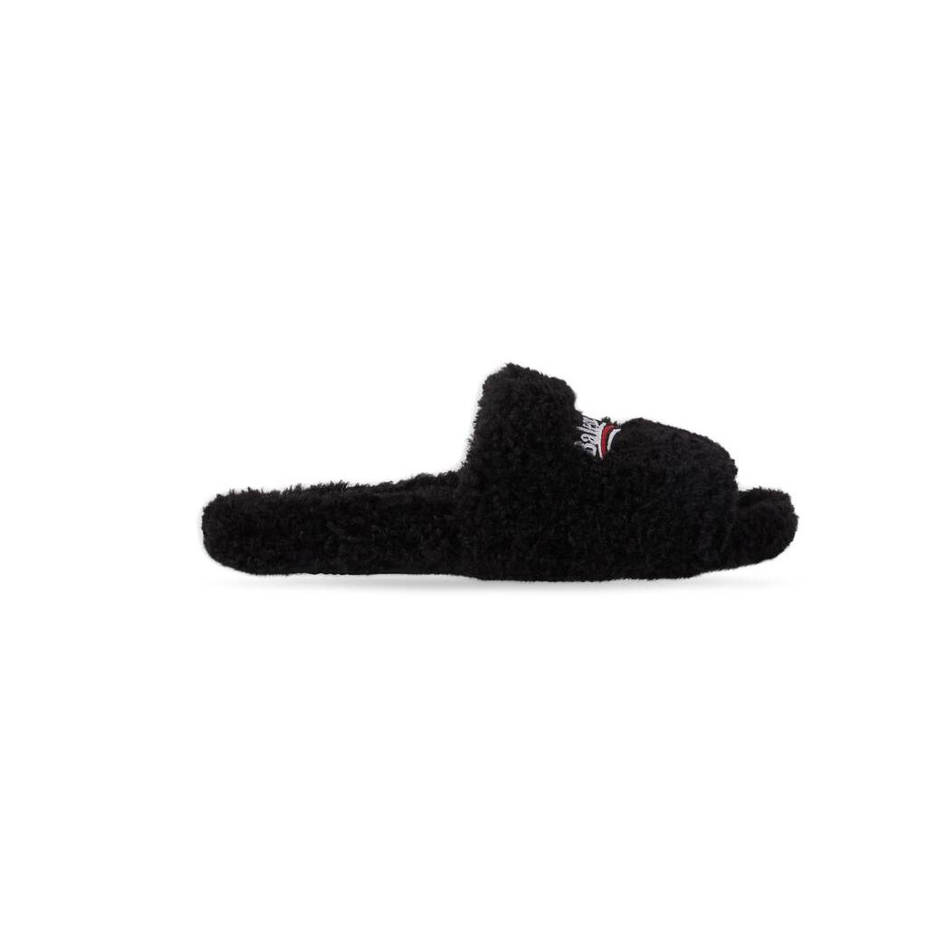 Men\'s Balenciaga Furry Slide Sandals Black / White / Red | 9603ZNVXM