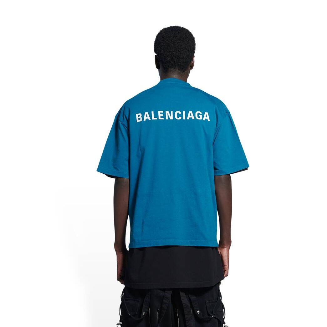 Men's Balenciaga Logo Medium Fit T Shirts Indigo | 0671GNROA