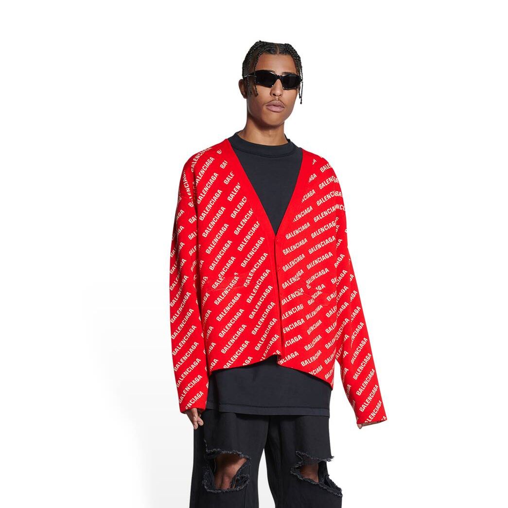 Men's Balenciaga Mini Allover Logo Cardigan Knitwear Red | 1476JHRTG