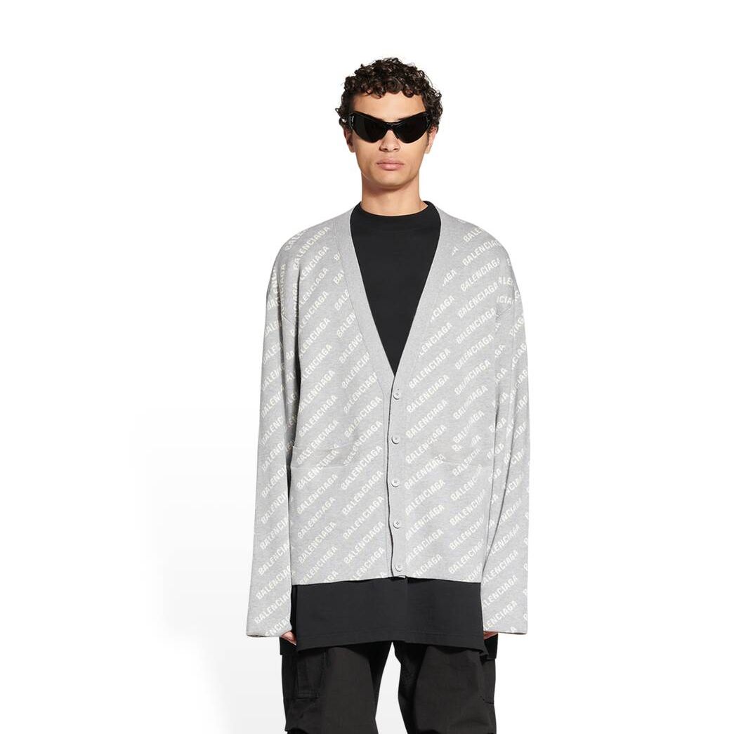 Men's Balenciaga Mini Allover Logo Cardigan Knitwear Grey | 5016UJKRO