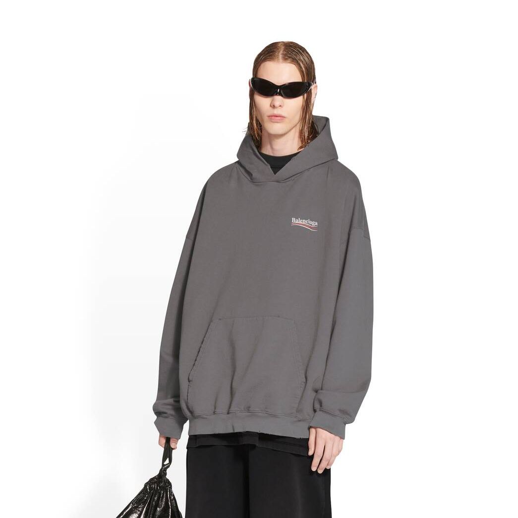 Men's Balenciaga Political Campaign Large Fit Hoodie Grey | 8657FEGBM