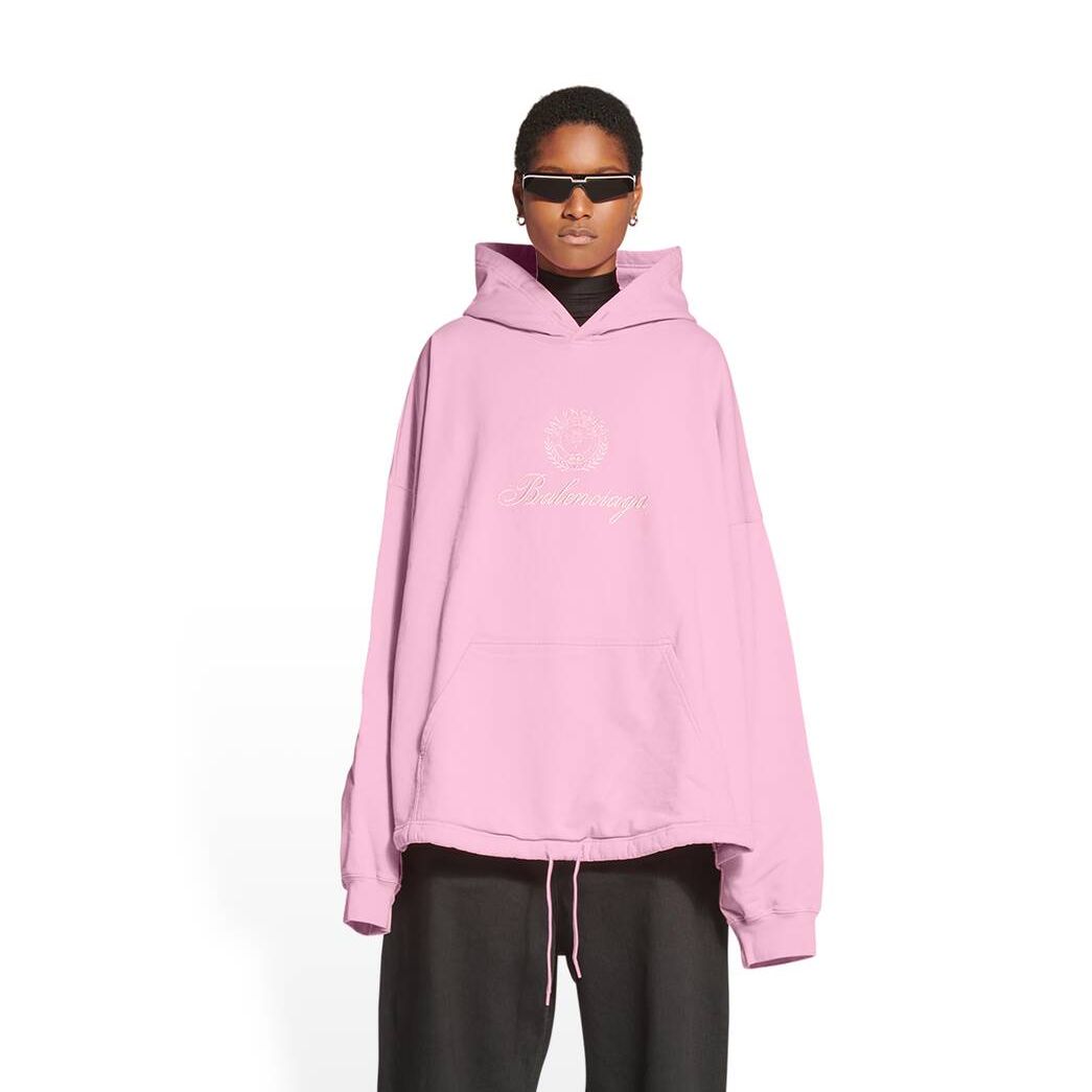 Men's Balenciaga Qixi Crest Sporty Large Fit Hoodie Pink | 8174IMKHJ