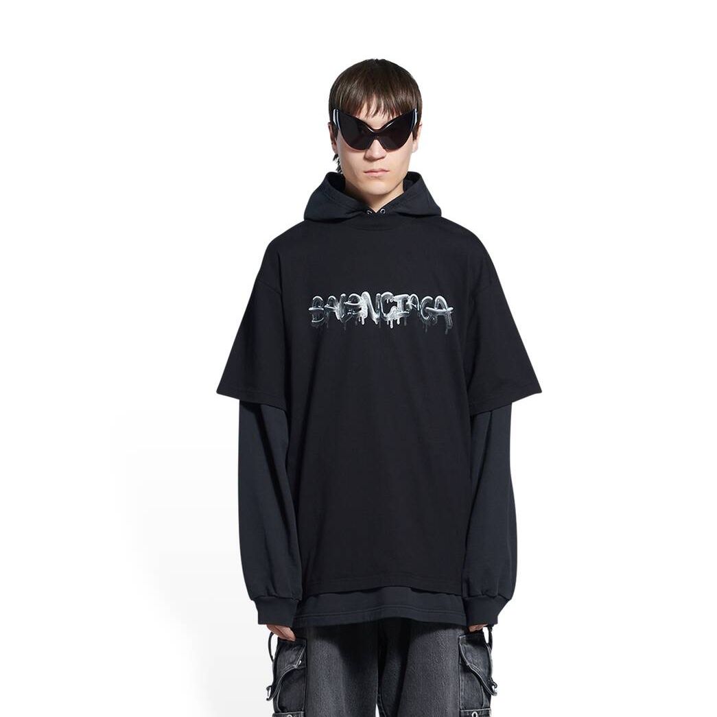 Men's Balenciaga Slime Double Long Sleeve Hooded T Shirts Black | 5179NATWY