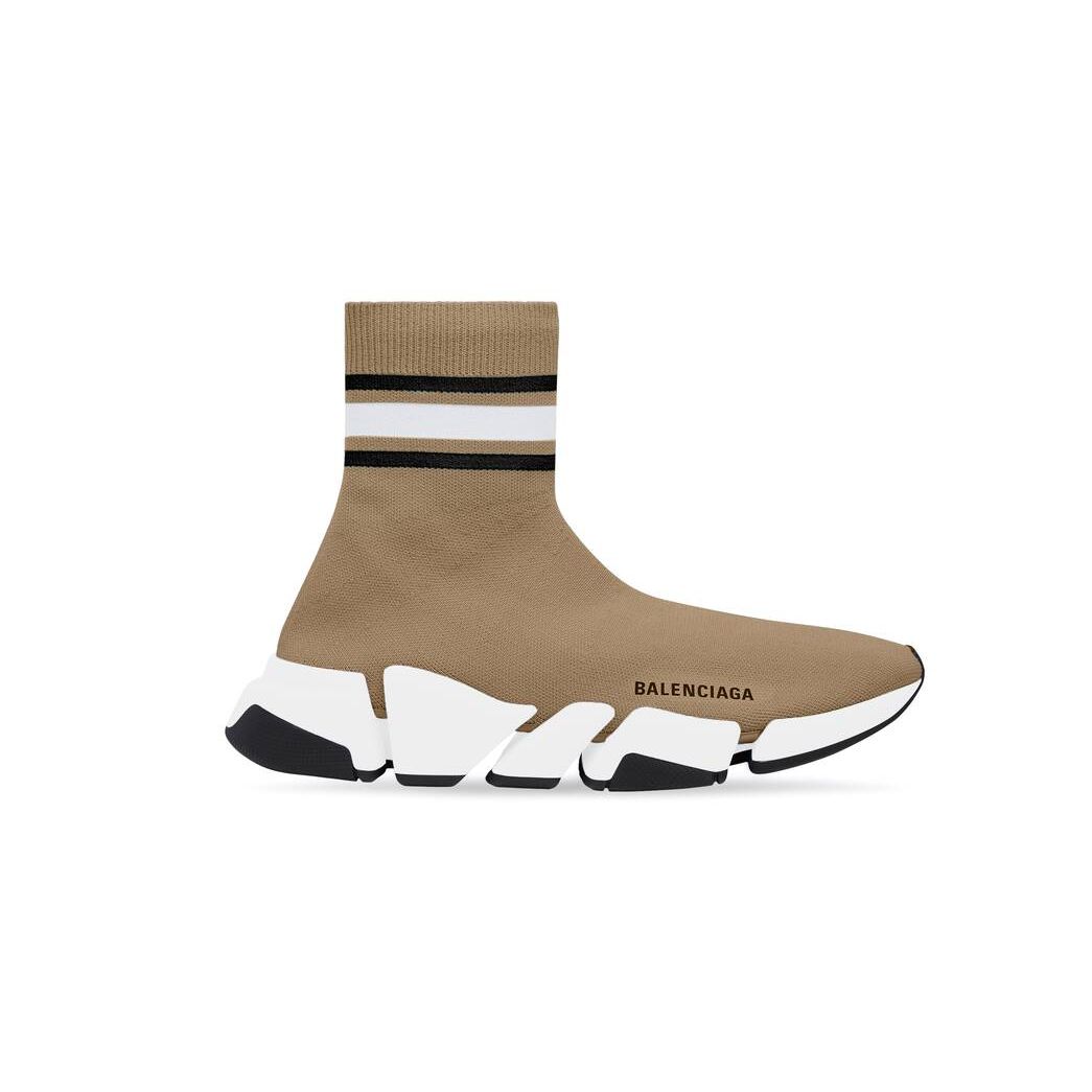 Men\'s Balenciaga Speed 2.0 Recycled Knit With Stripes Sneakers Beige | 8052ZQFMY