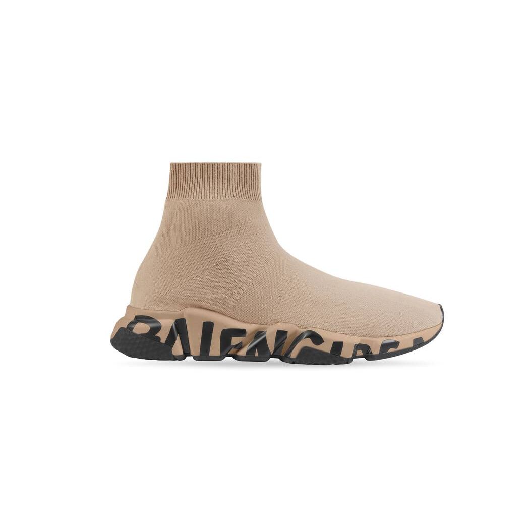 Men\'s Balenciaga Speed Recycled Knit Graffiti Sneakers Beige | 0187IDBZG