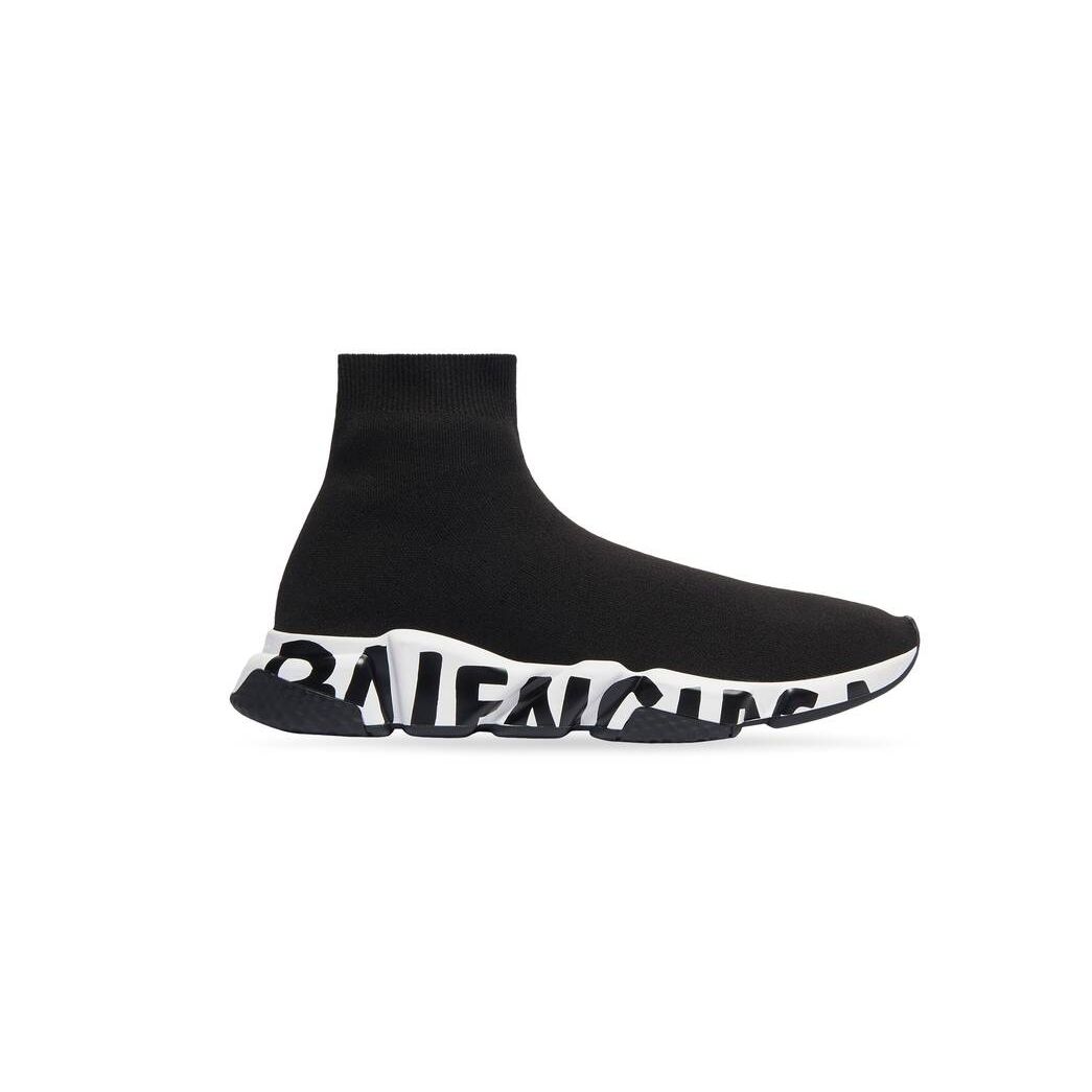 Men\'s Balenciaga Speed Recycled Knit Graffiti Sneakers Black / White | 2154LPOSI