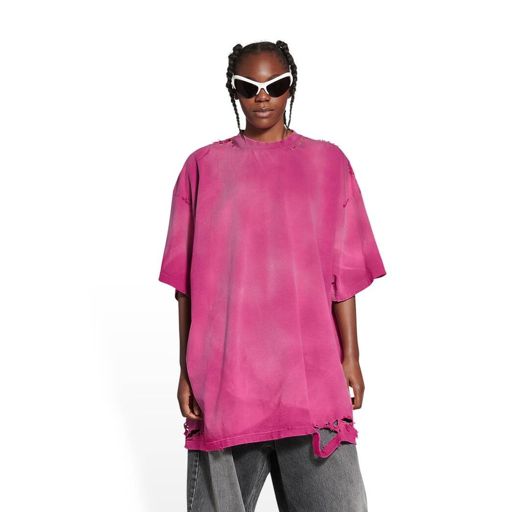 Women's Balenciaga 3b Sports Icon Repaired T Shirts Dark Pink | 8253KZEFS