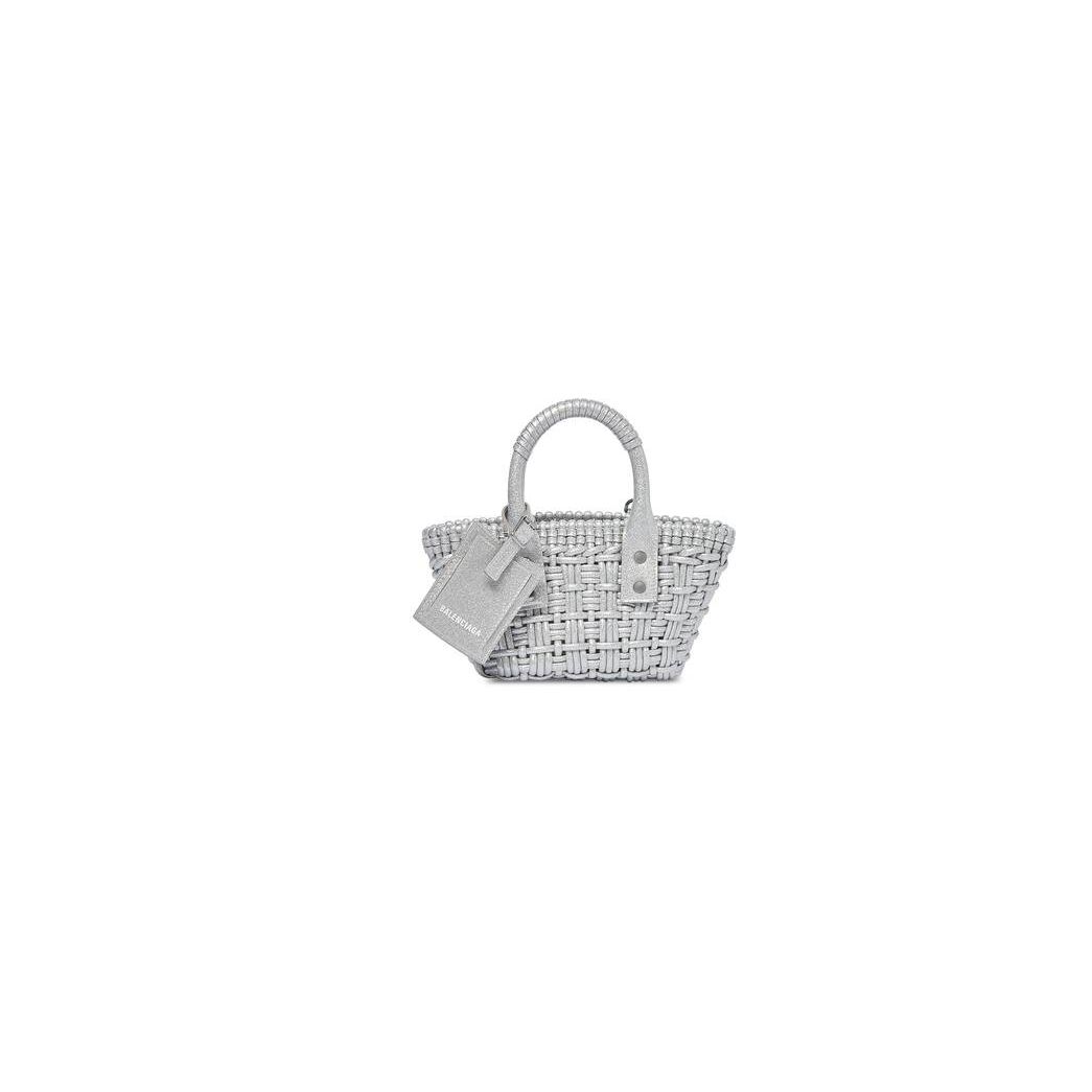 Women\'s Balenciaga Bistro Xxs Basket Strap Glitter Material Mini Bag Silver | 5967FYCJX