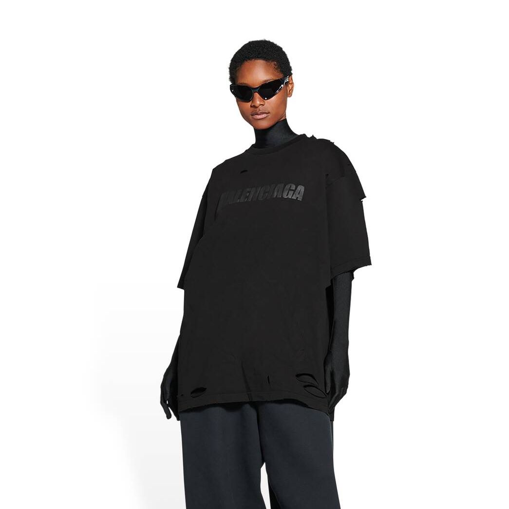 Women's Balenciaga Destroyed Boxy Fit T Shirts Black | 2840WJPSB