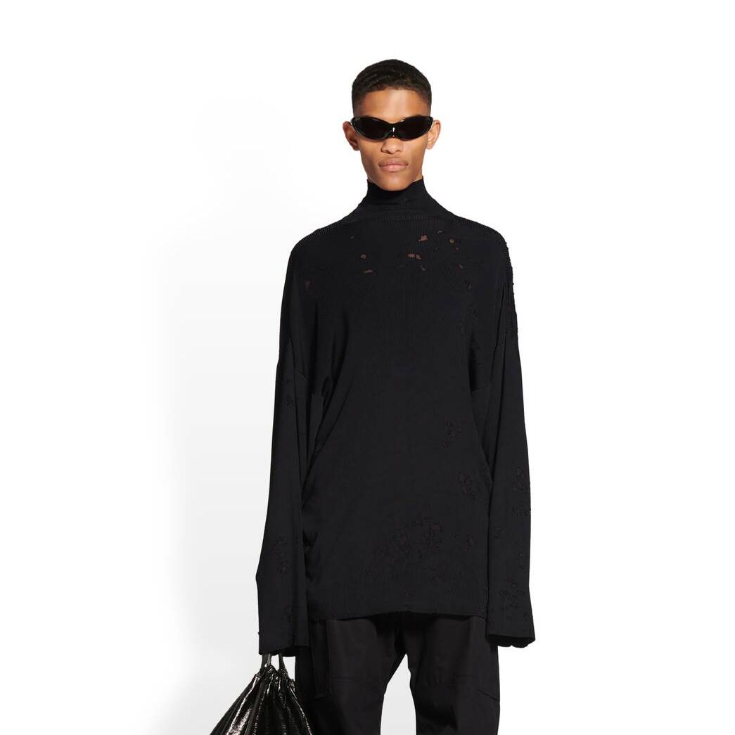 Women's Balenciaga Destroyed Turtleneck Sweater Knitwear Black | 9016QMRUF