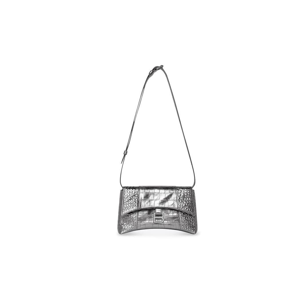 Women's Balenciaga Downtown Xs Metallized Crocodile Embossed Shoulder Bags Silver | 5021CRUMW