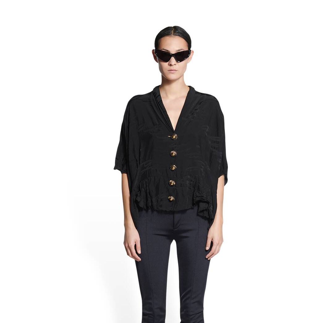 Women's Balenciaga Handwritten V-neck Blouse Oversized Tops Black | 9307EIXGR