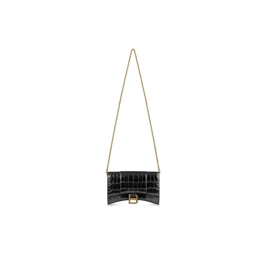 Women's Balenciaga Hourglass Crocodile Embossed Chain Strap Black | 5679OALHP