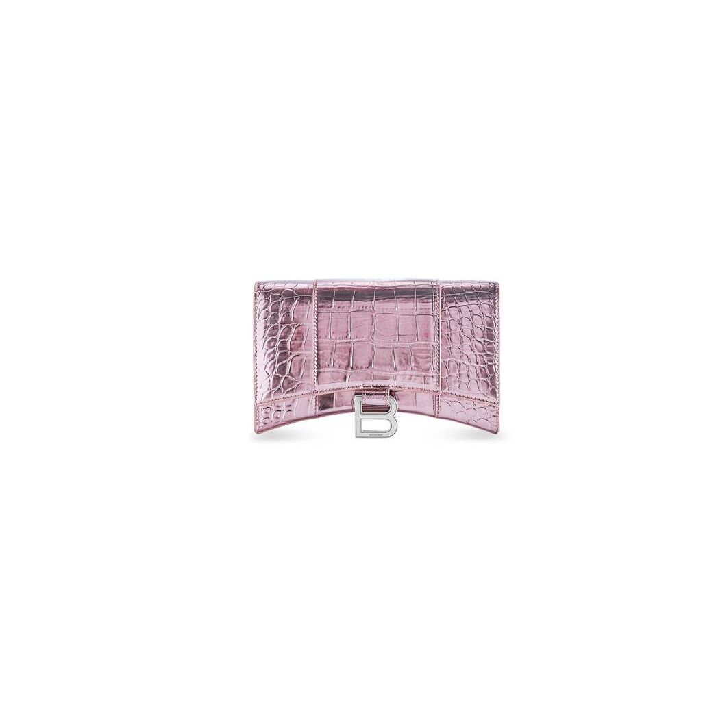 Women's Balenciaga Hourglass Metallized Crocodile Embossed Chain Strap Pink | 5786QBAHO