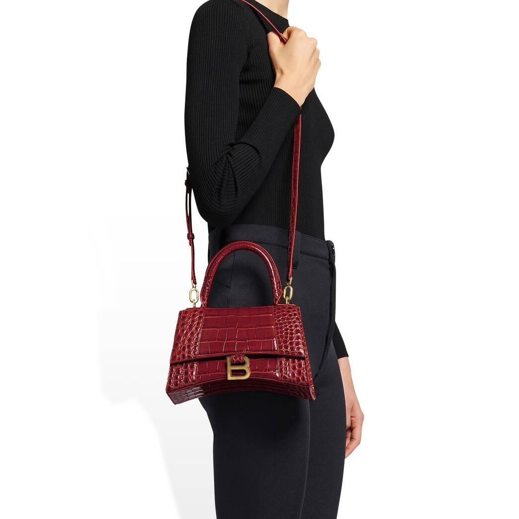 Women\'s Balenciaga Hourglass Small Crocodile Embossed Handbag Dark Red | 5178NDMCQ