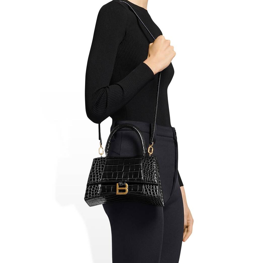 Women\'s Balenciaga Hourglass Small Crocodile Embossed Handbag Black | 6520XLUSZ