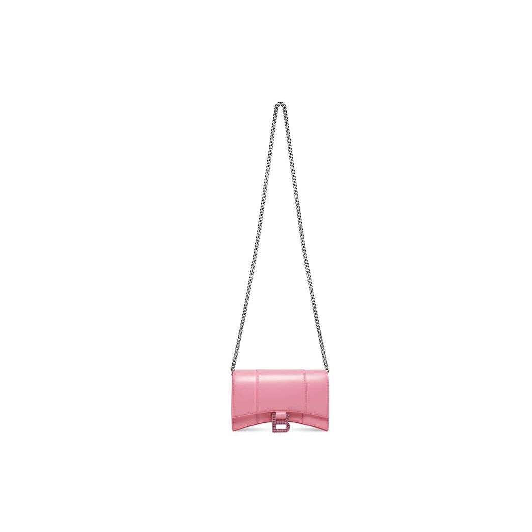 Women\'s Balenciaga Hourglass With Chain And Rhinestones Wallets Pink | 4389LTCAF