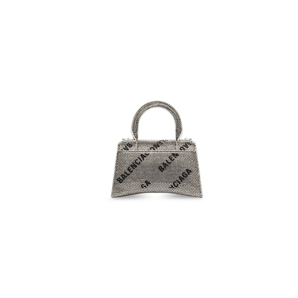 Women's Balenciaga Hourglass Xs Chain And Allover Logo Rhinestones Mini Bag Silver | 9281HSMIR