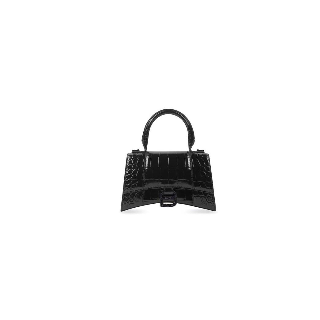 Women\'s Balenciaga Hourglass Xs Crocodile Embossed With Rhinestones Handbag Black | 3461CWXLP