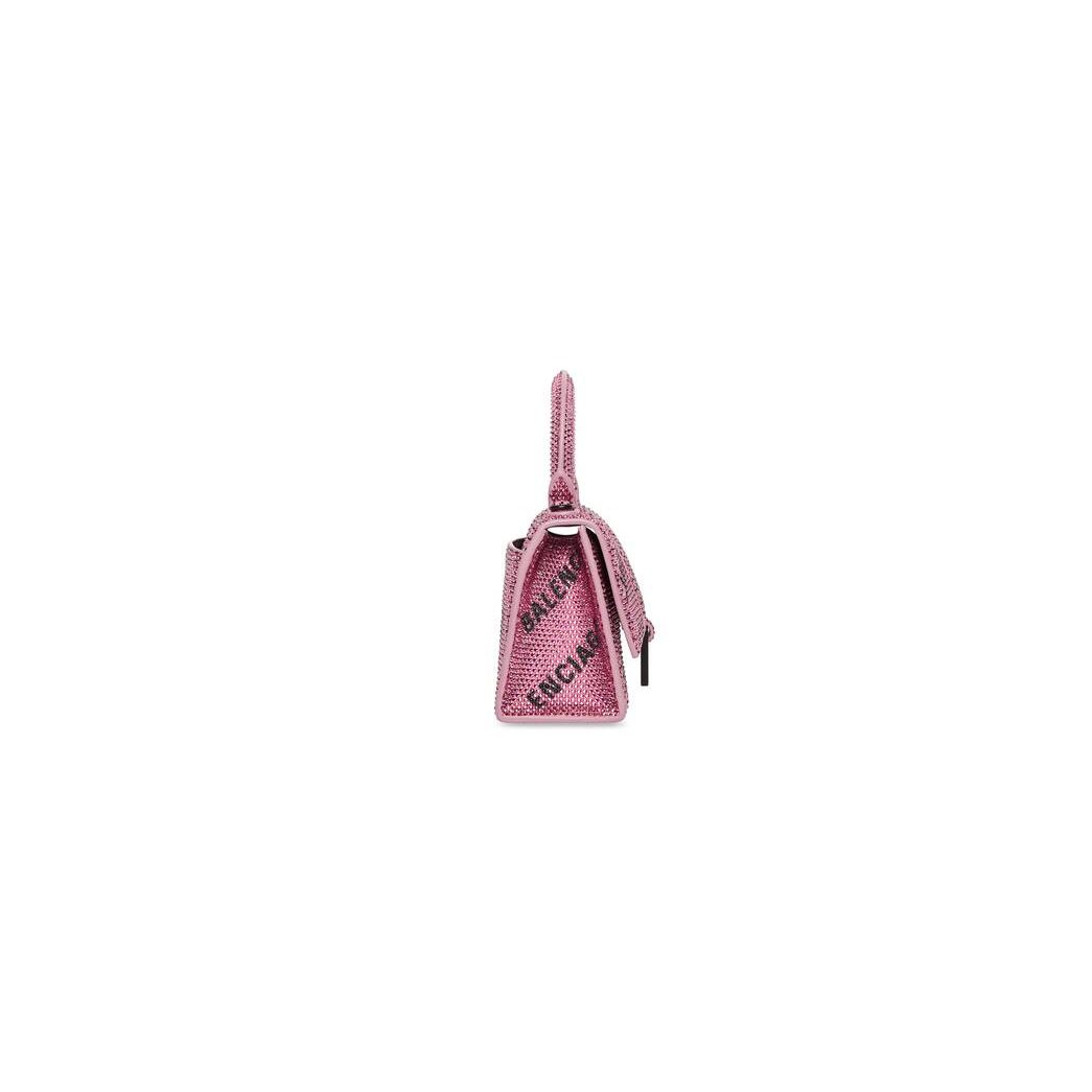 Women's Balenciaga Hourglass Xs With Chain And Allover Logo Rhinestones Handbag Pink | 2315EIHKQ