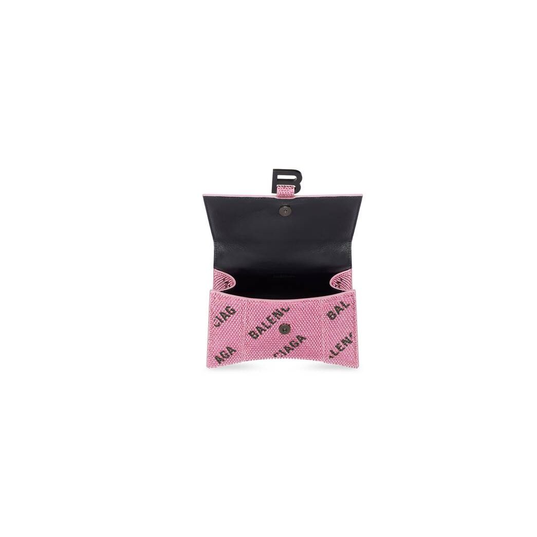 Women's Balenciaga Hourglass Xs With Chain And Allover Logo Rhinestones Handbag Pink | 2315EIHKQ