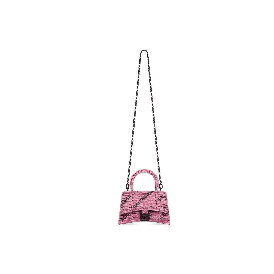 Women's Balenciaga Hourglass Xs With Chain And Allover Logo Rhinestones Handbag Pink | 2315EIHKQ