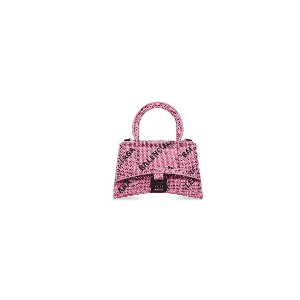 Women\'s Balenciaga Hourglass Xs With Chain And Allover Logo Rhinestones Handbag Pink | 2315EIHKQ