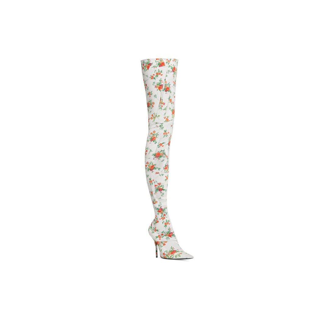 Women's Balenciaga Knife 110mm Overknee Paper Crush Floral Printed Boots White | 3076CXNFE